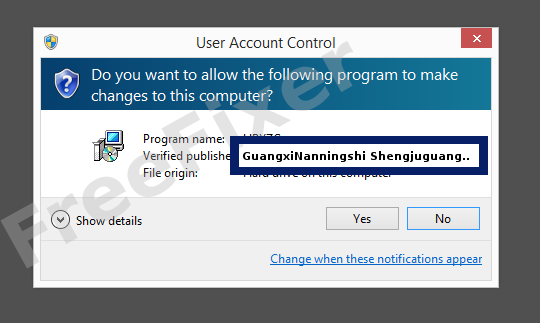 Screenshot where GuangxiNanningshi Shengjuguangzaixian Info Tech Co.,LTD. appears as the verified publisher in the UAC dialog